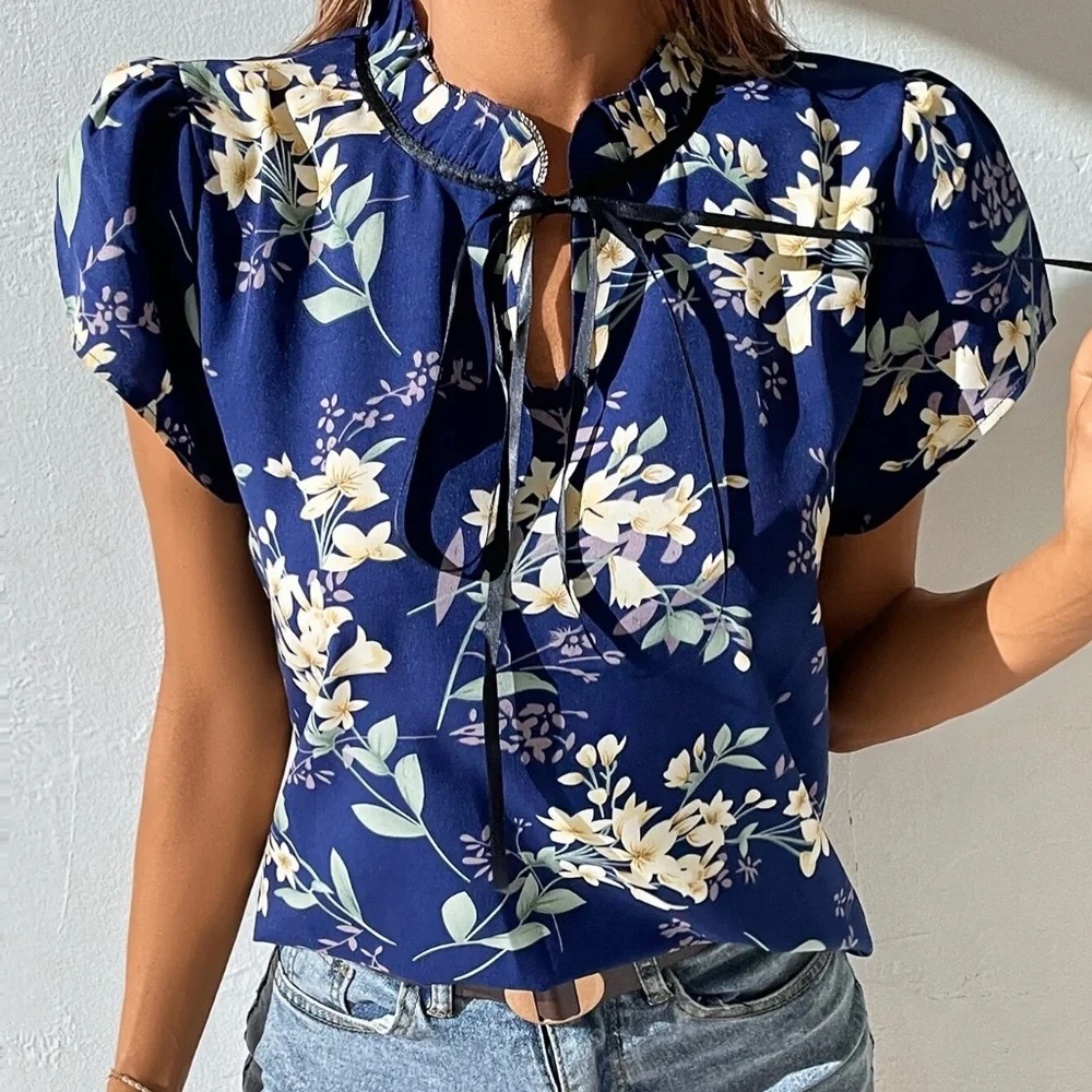 039 Boho Floral Print Mock Neck tie Blouse - Picture 5 of 7